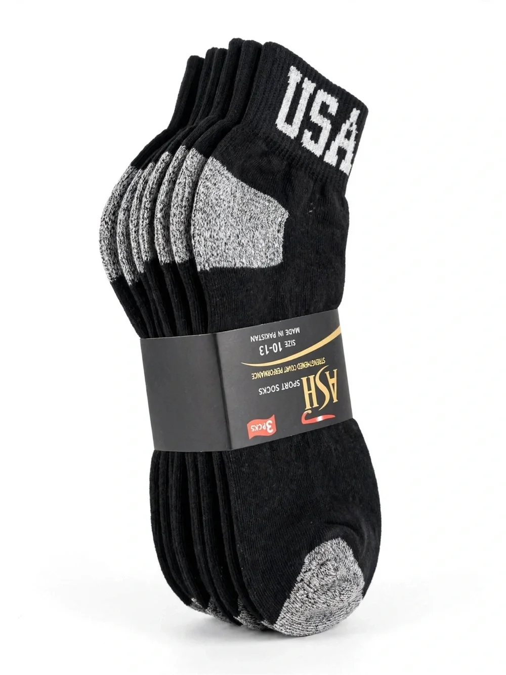 ASH Performance Men’s Black USA Ankle Socks - Gray Heel & Toe 12PACK